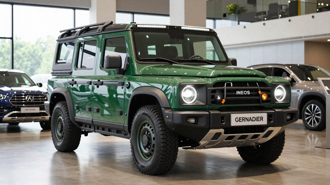 SUV verde militar Ineos Grenadier estacionado dentro de showroom moderno.