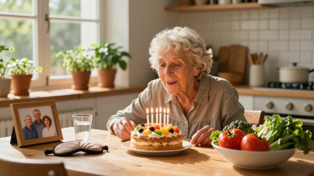Mulher idosa sorri ao assoprar velas em bolo de aniversário numa cozinha iluminada com frutas e foto de família.