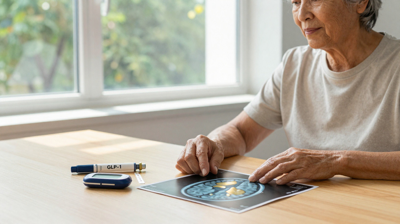 Idosa analisando exame de imagem dos rins em mesa com equipamentos para teste de glicose.