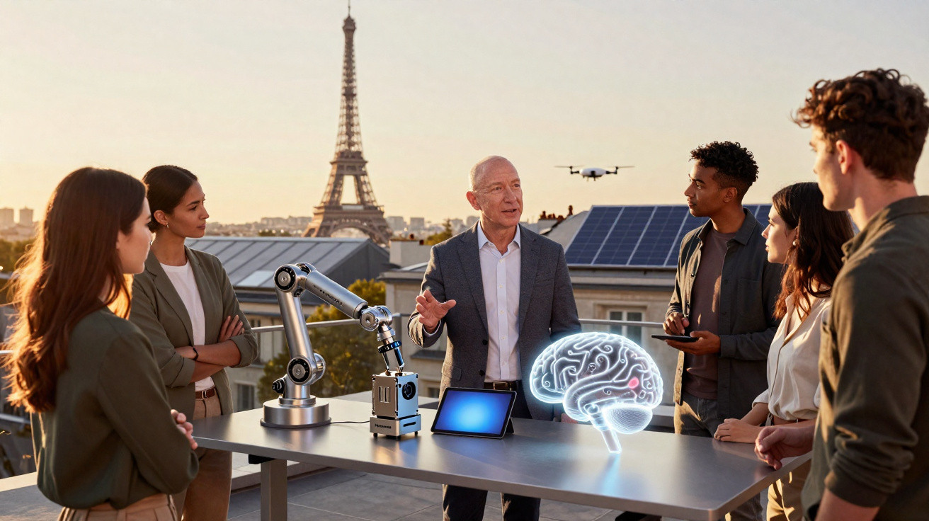 Grupo diverso discutindo tecnologia e inteligência artificial em reunião ao ar livre com Torre Eiffel ao fundo.