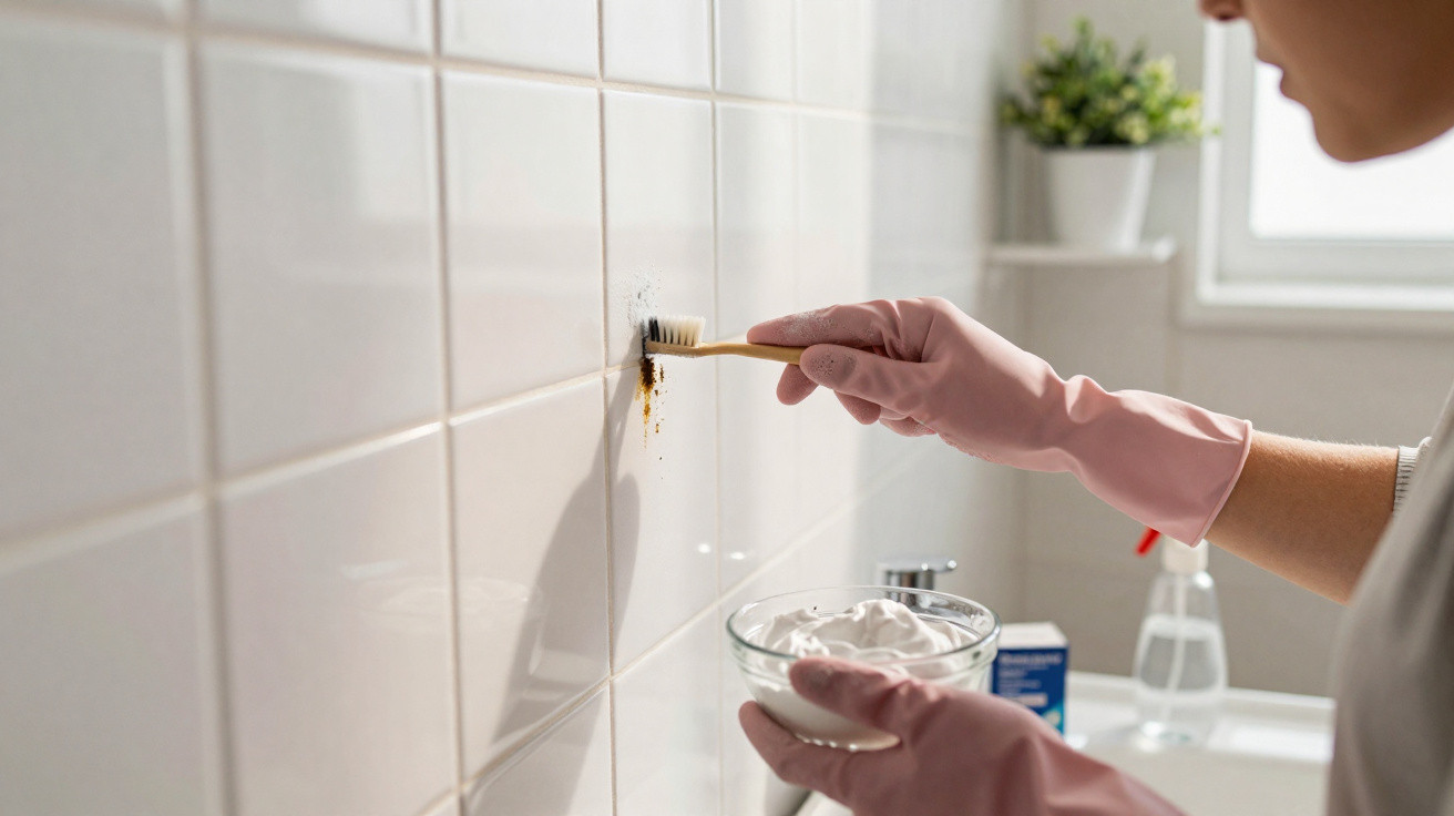 Pessoa usando luvas rosas limpando mofo em azulejo branco com escova e pasta de limpeza em banheiro.