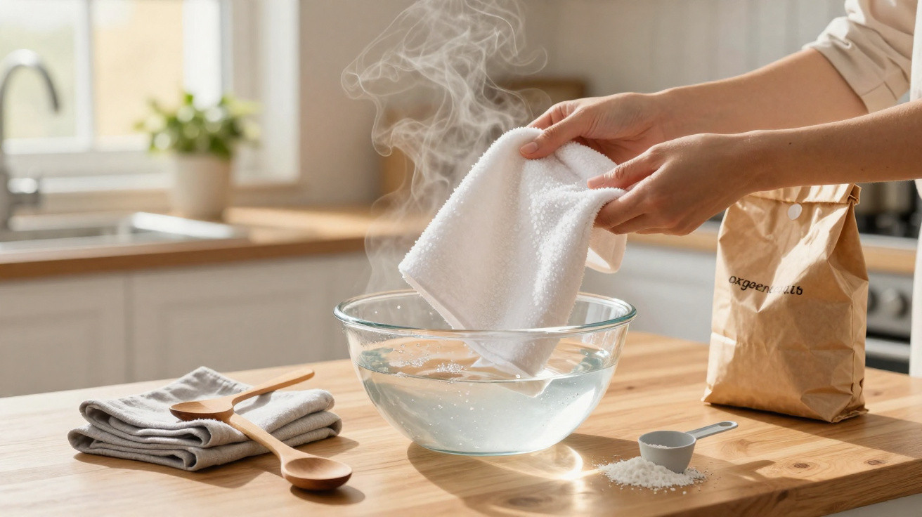Mãos mergulhando um pano branco em água quente com vapor em uma tigela de vidro na cozinha.