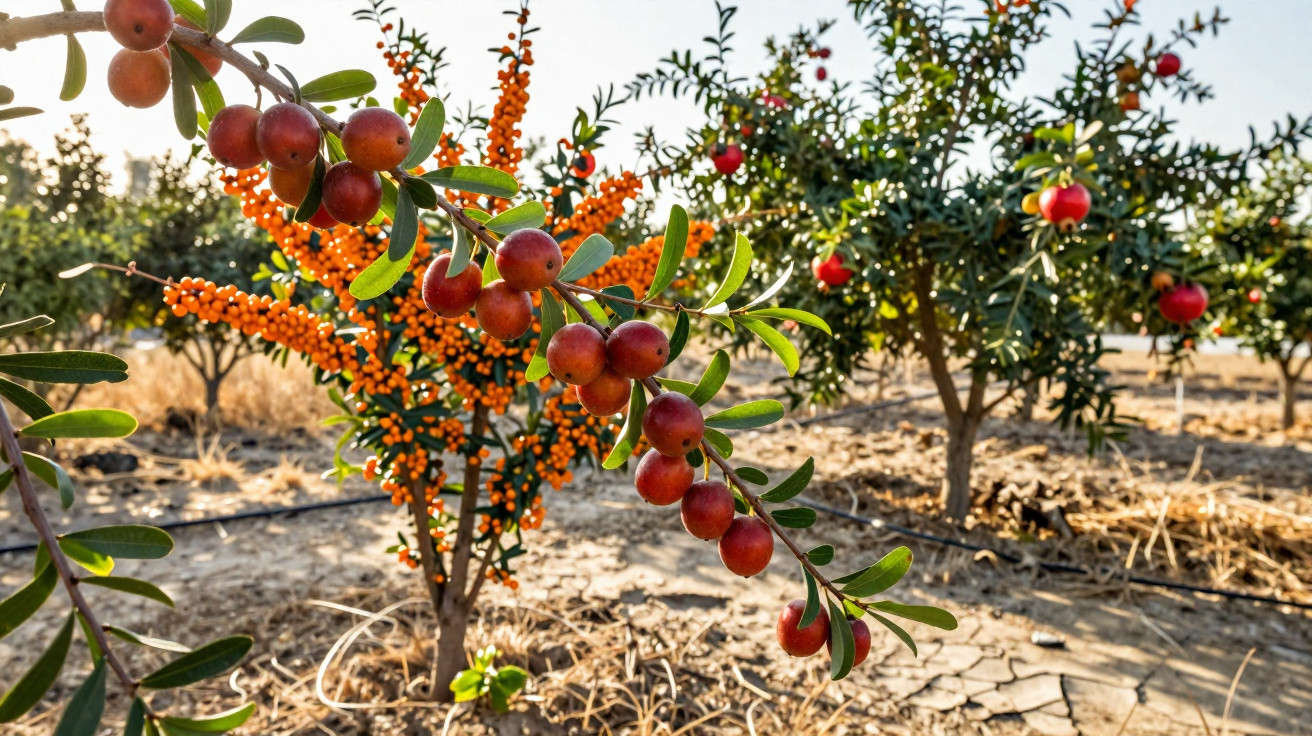 Galho com frutos vermelhos em pomar seco, com outras plantas e irrigação por gotejamento ao fundo.