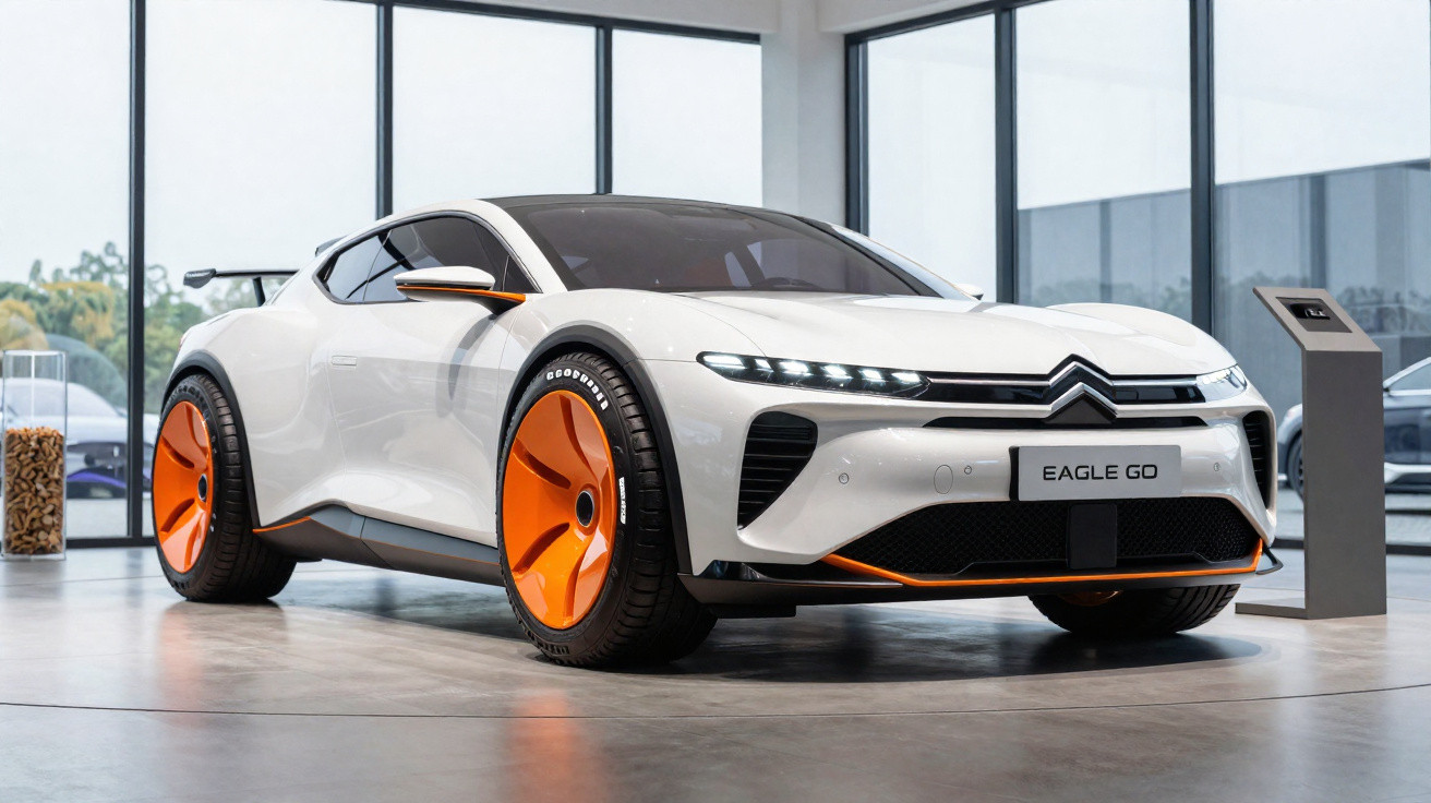 Carro elétrico Citroën Eagle Go branco com detalhes e rodas laranja em showroom moderno.
