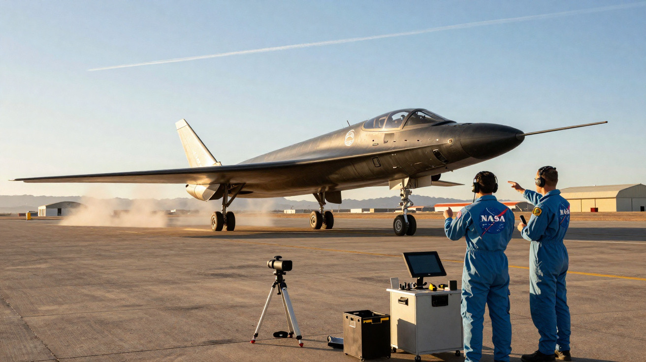 Avião preto decola em pista com dois técnicos da NASA observando e monitorando equipamento no solo.
