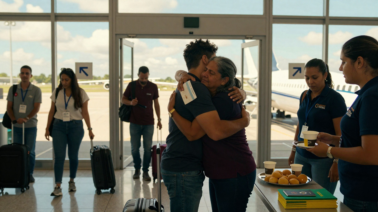 Duas pessoas se abraçam no aeroporto, com outras ao redor e um avião ao fundo na área de embarque.