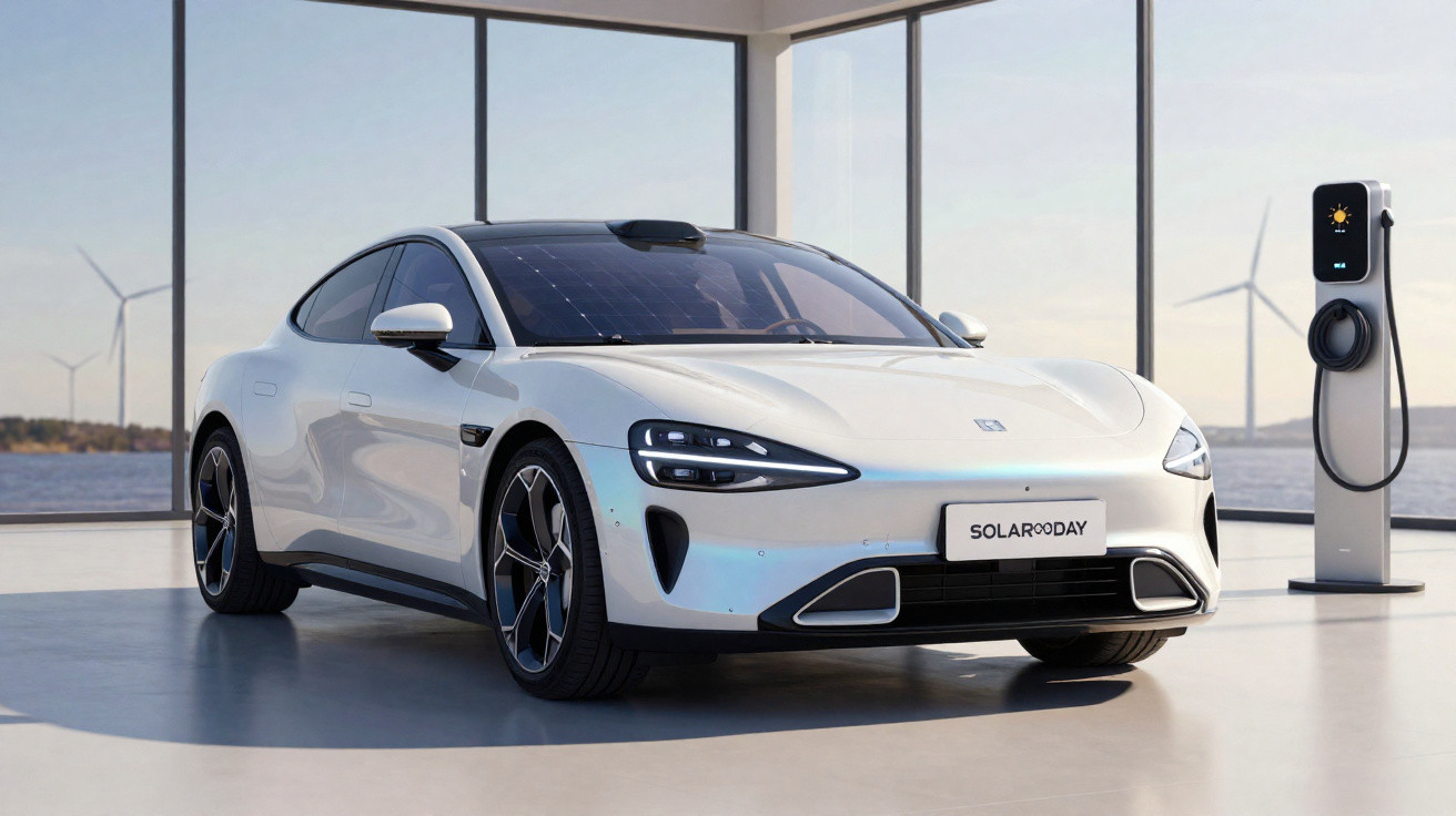 Carro elétrico branco com painéis solares no teto e estação de recarga em ambiente moderno com vista para moinhos de vento.