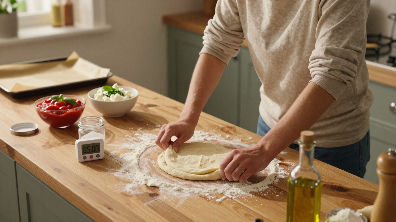Pessoa preparando massa de pizza em bancada de cozinha com tomate, queijo e azeite ao redor.