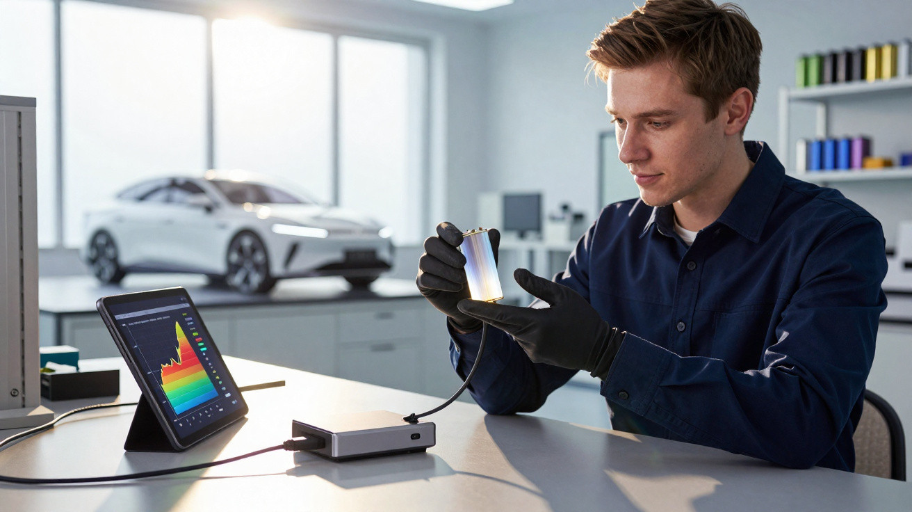 Homem jovem em laboratório analisando dispositivo tecnológico com tablet exibindo dados ao lado.