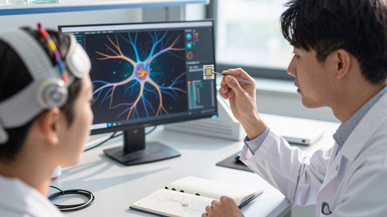 Dois cientistas analisam microchip com imagem de neurônio em tela de computador em laboratório.