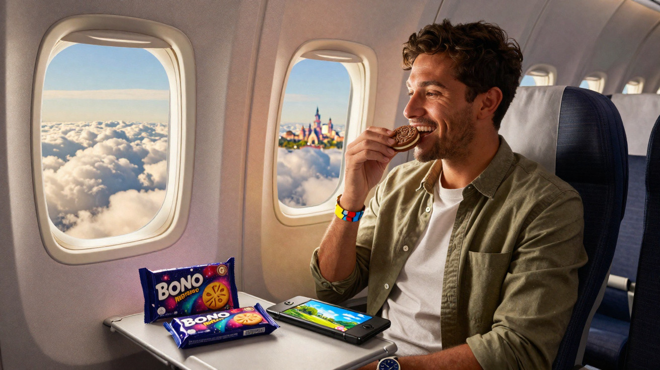 Homem sorridente comendo biscoito Bono dentro de avião, com jogo e pacotes sobre a mesa.