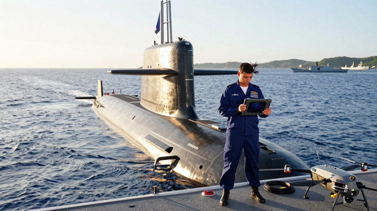Homem fardado com tablet ao lado de submarino preto na água durante o dia.