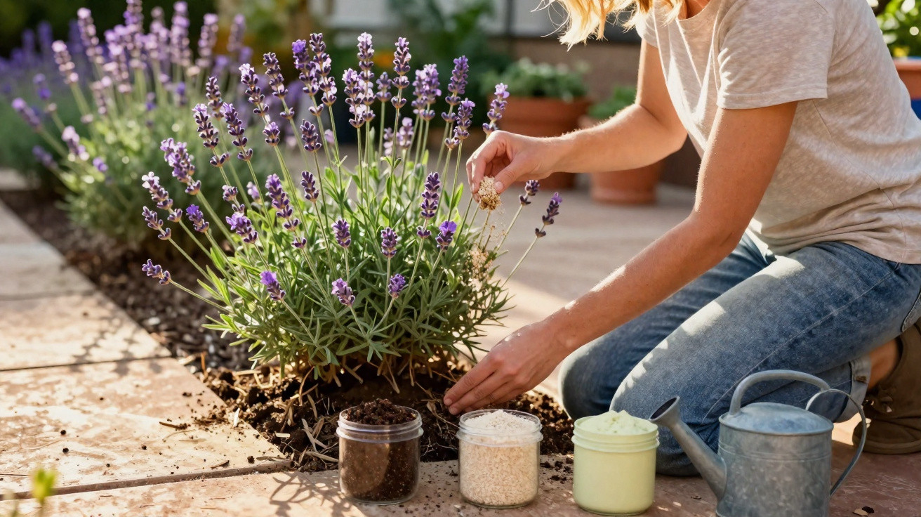 Pessoa cuidando de lavanda florindo em jardim com regador e potes de adubo ao lado.