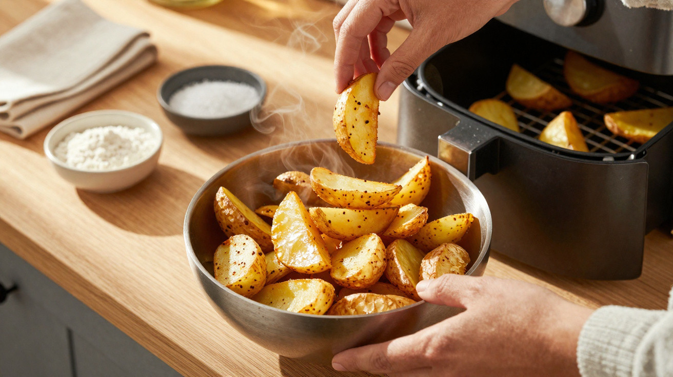 Mãos segurando batatas temperadas recém-retiradas de uma fritadeira elétrica e colocadas em uma tigela.