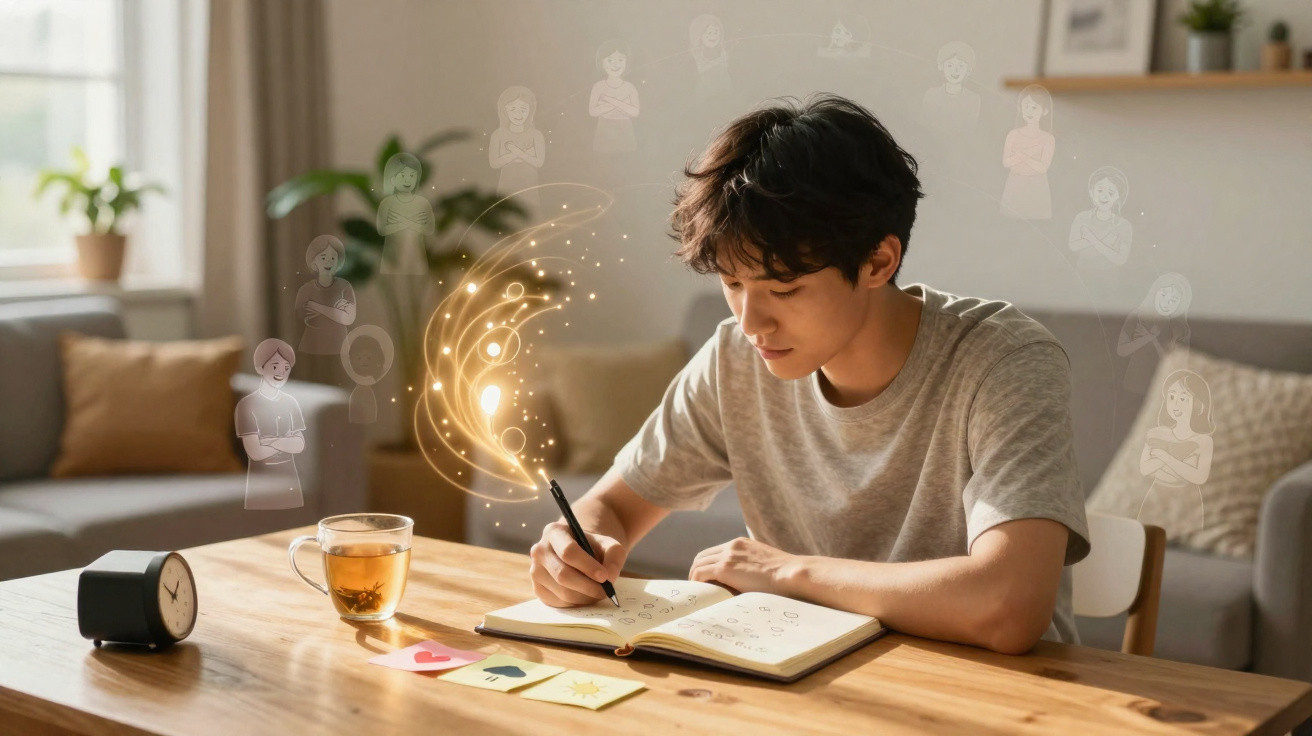 Jovem sentado à mesa, escrevendo em caderno, com ilustrações digitais ao redor simbolizando criatividade.