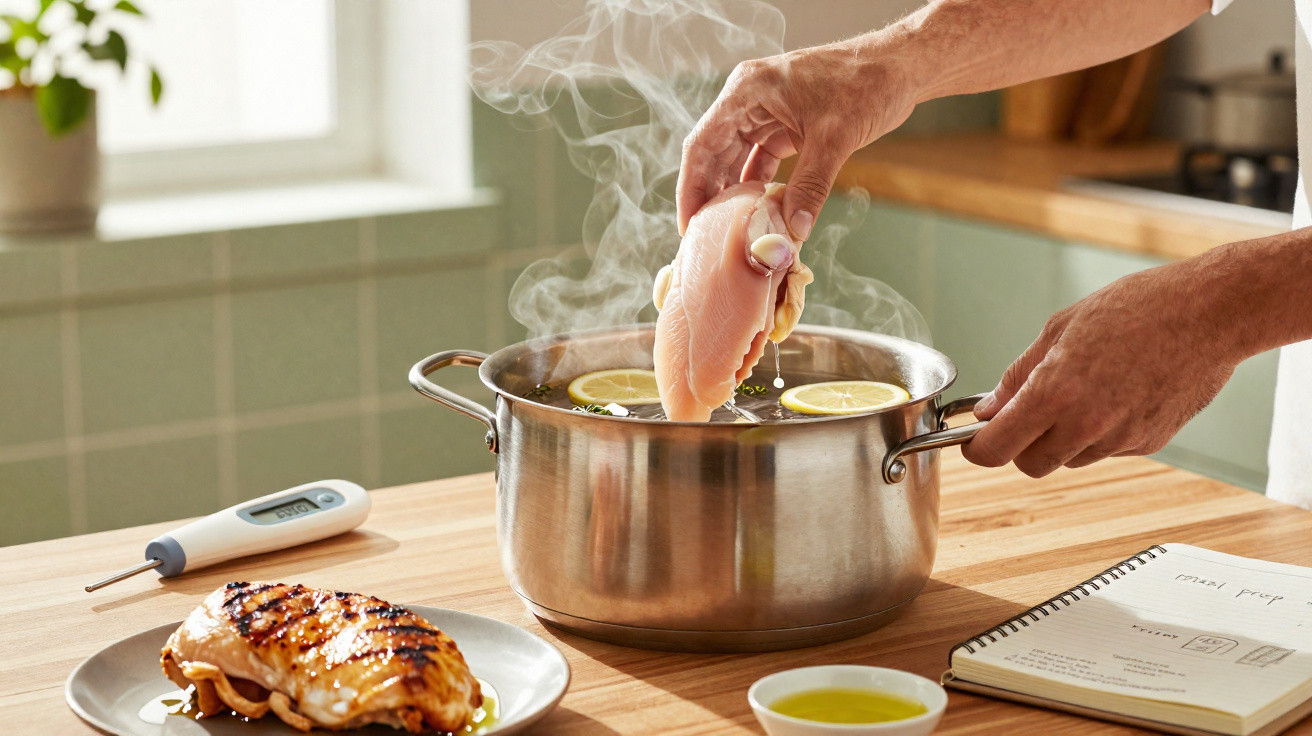 Pessoa colocando filé de frango cru em panela com água e rodelas de limão para cozinhar.