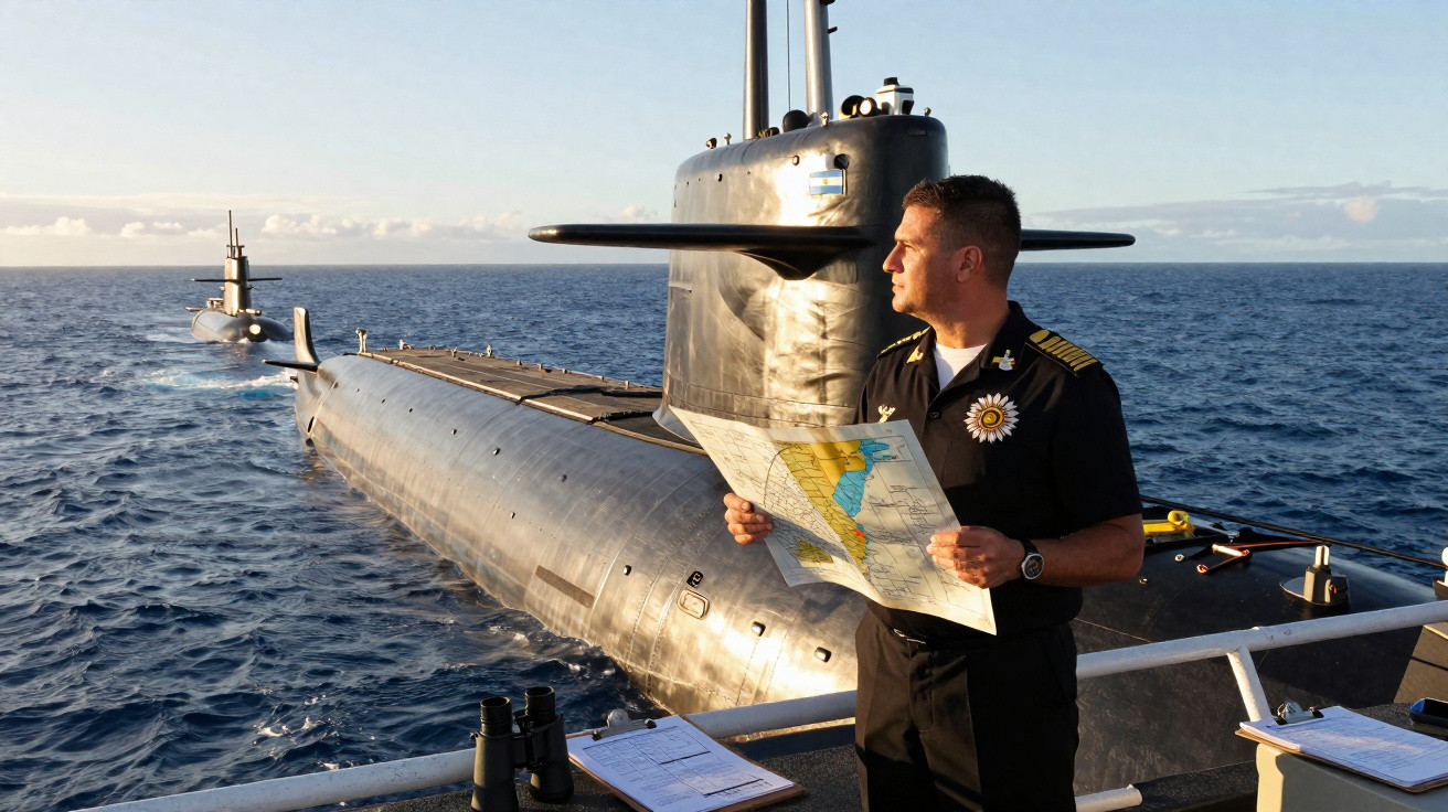 Homem fardado com mapa na mão próximo a submarino em mar aberto ao entardecer.
