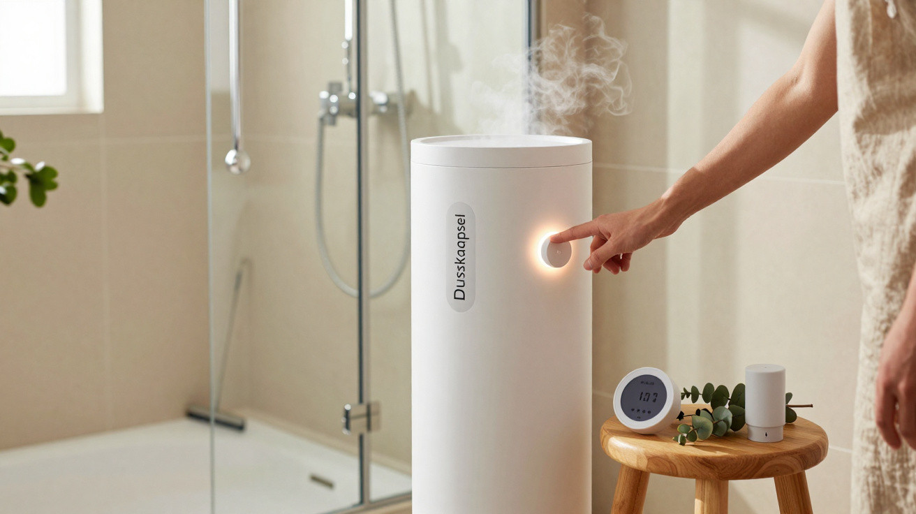 Pessoa usando um difusor branco em formato cilíndrico em um banheiro moderno com vapor saindo do aparelho.