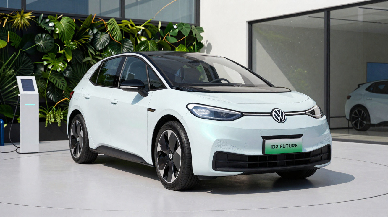 Carro elétrico Volkswagen ID.2 Future branco exposto em ambiente interno moderno com plantas ao fundo.