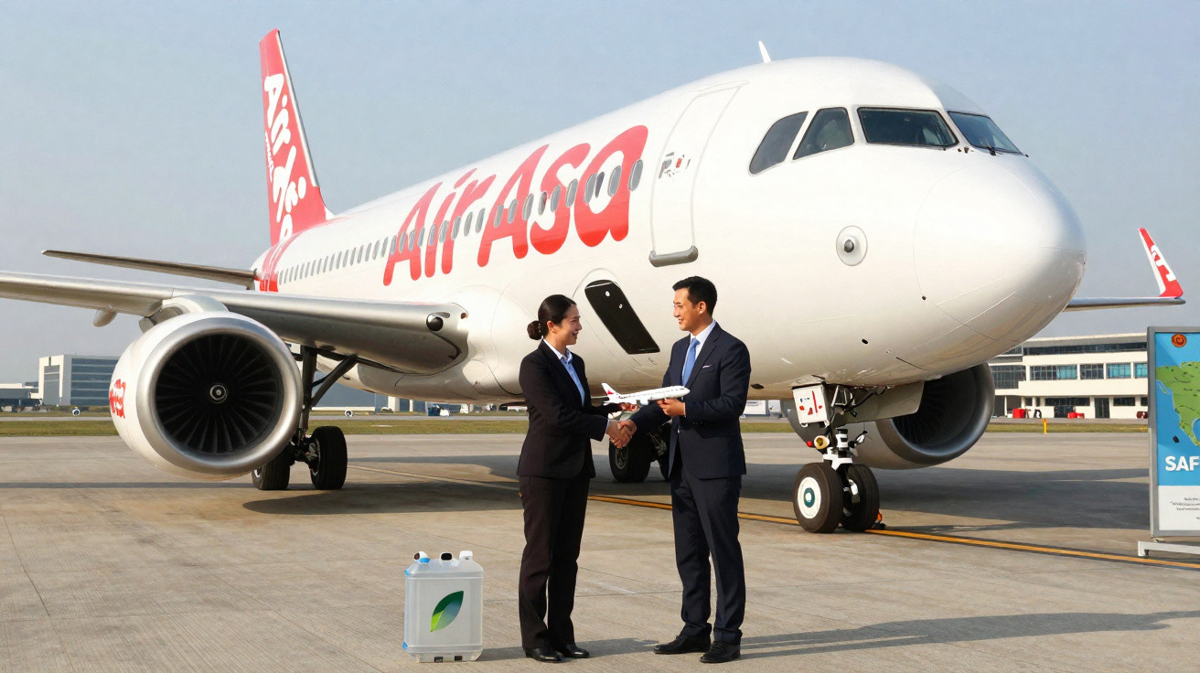 Dois funcionários em terno entregam modelo de avião em frente a aeronave AirAsia no aeroporto.