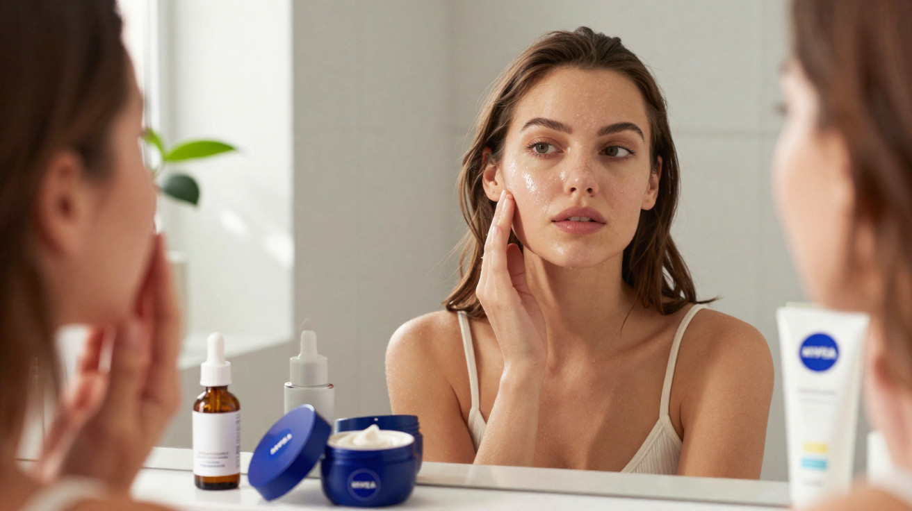 Mulher aplicando creme facial Nivea, olhando para o espelho em ambiente claro e organizado.