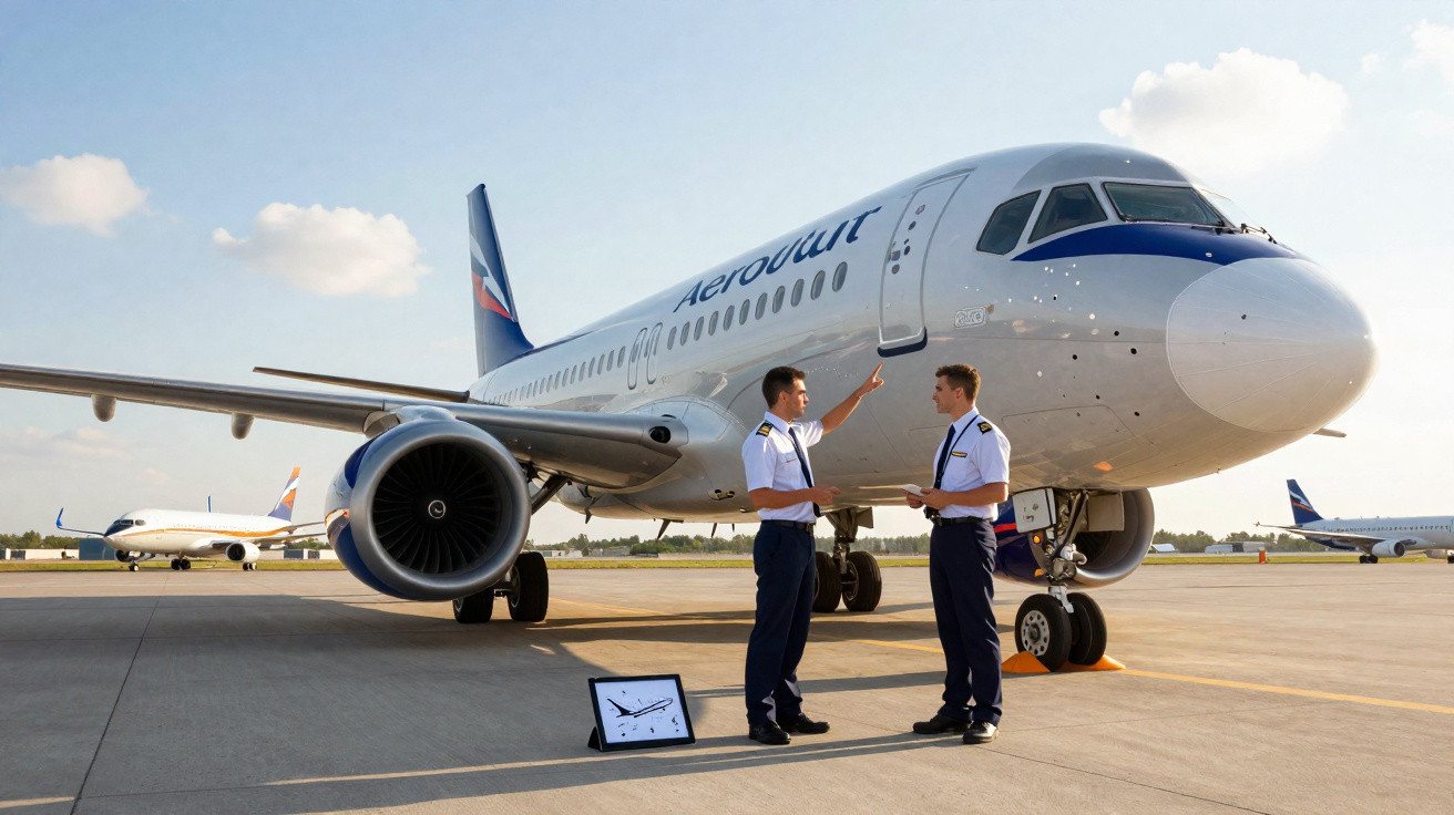 Dois pilotos conversam ao lado de avião da Aeroflot no pátio de aeroporto em dia ensolarado.