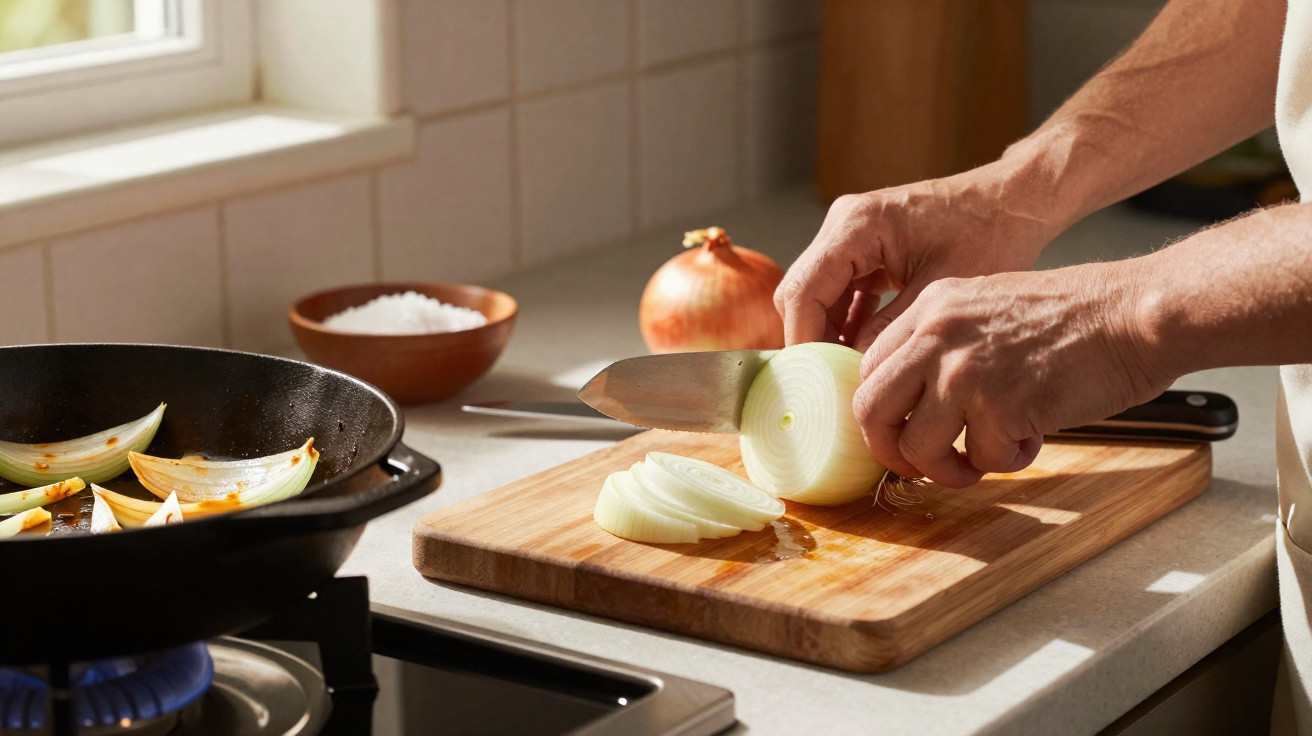 Pessoa cortando cebola em fatias sobre tábua de madeira na cozinha com cebola sendo refogada na frigideira.