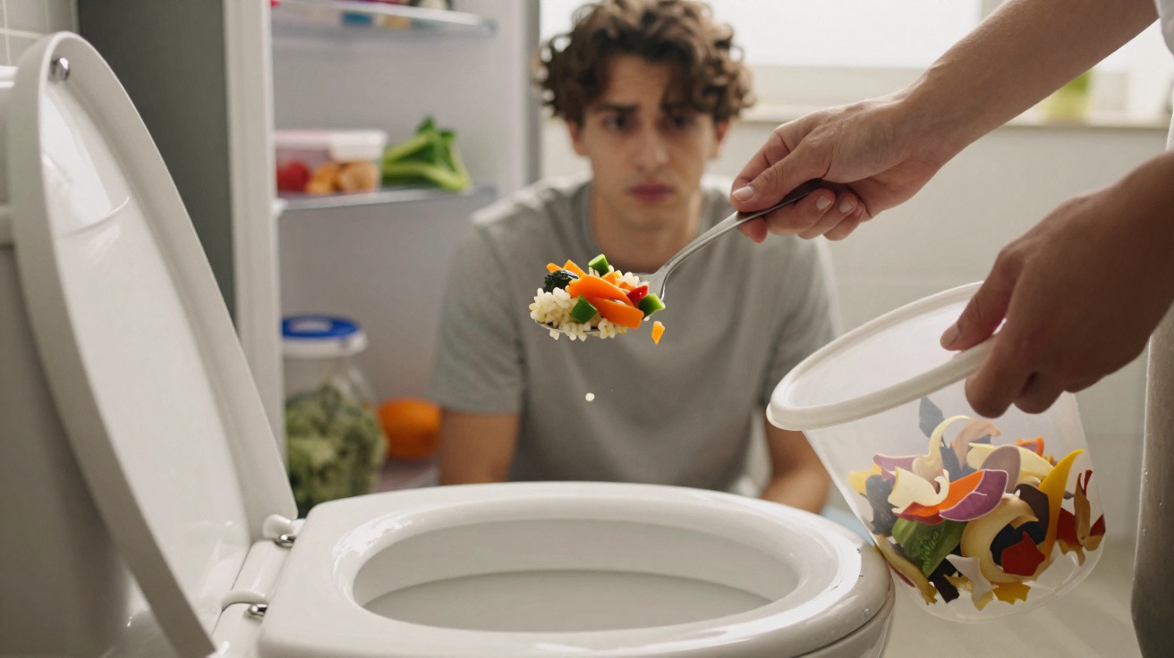 Jovem com expressão desconfortável observa comida sendo jogada no vaso sanitário.