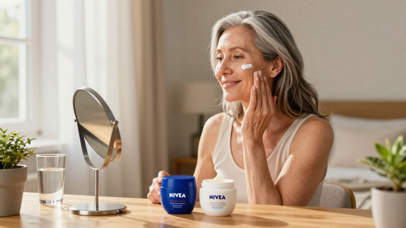 Mulher sorridente aplicando creme facial Nivea, sentada à mesa com espelho e plantas ao redor.