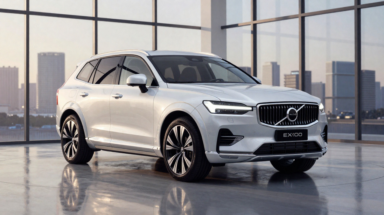 Carro SUV Volvo EX90 branco estacionado dentro de prédio com janelas grandes e vista para cidade.