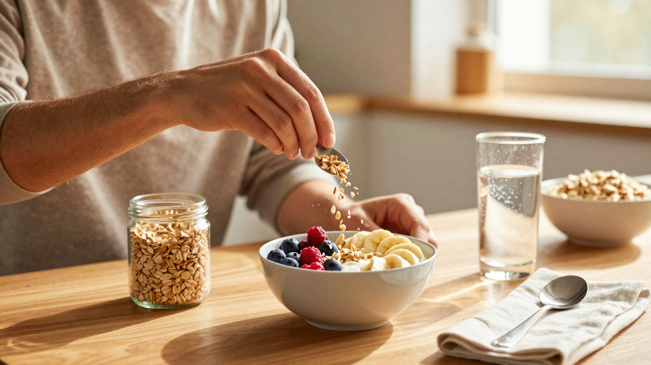 Pessoa salpicando granola em tigela com frutas vermelhas e banana, copo de água e toalha com colher na mesa.