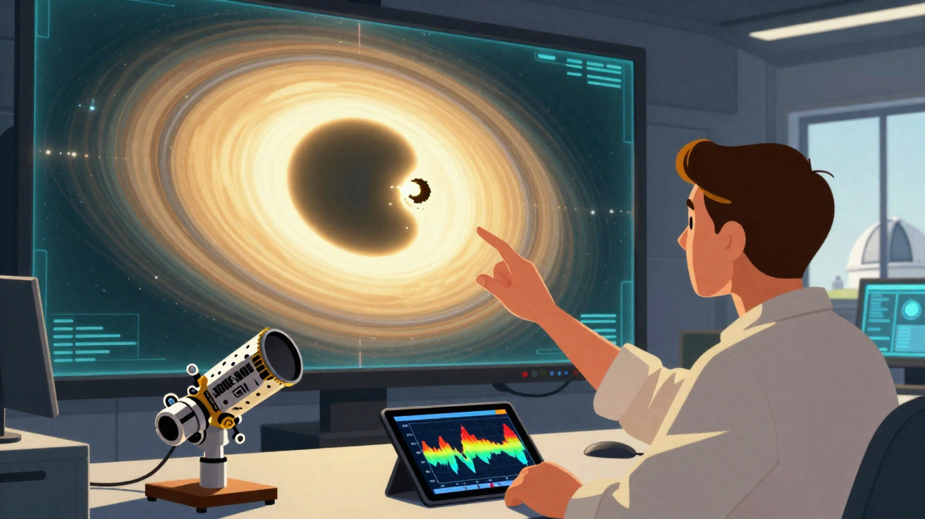 Pessoa em laboratório observando imagem de buraco negro em tela grande com gráficos em tablet e telescópio ao lado.