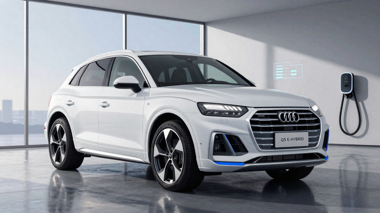 Carro SUV branco Audi Q5 e-hybrid estacionado em garagem moderna com estação de recarga elétrica na parede.