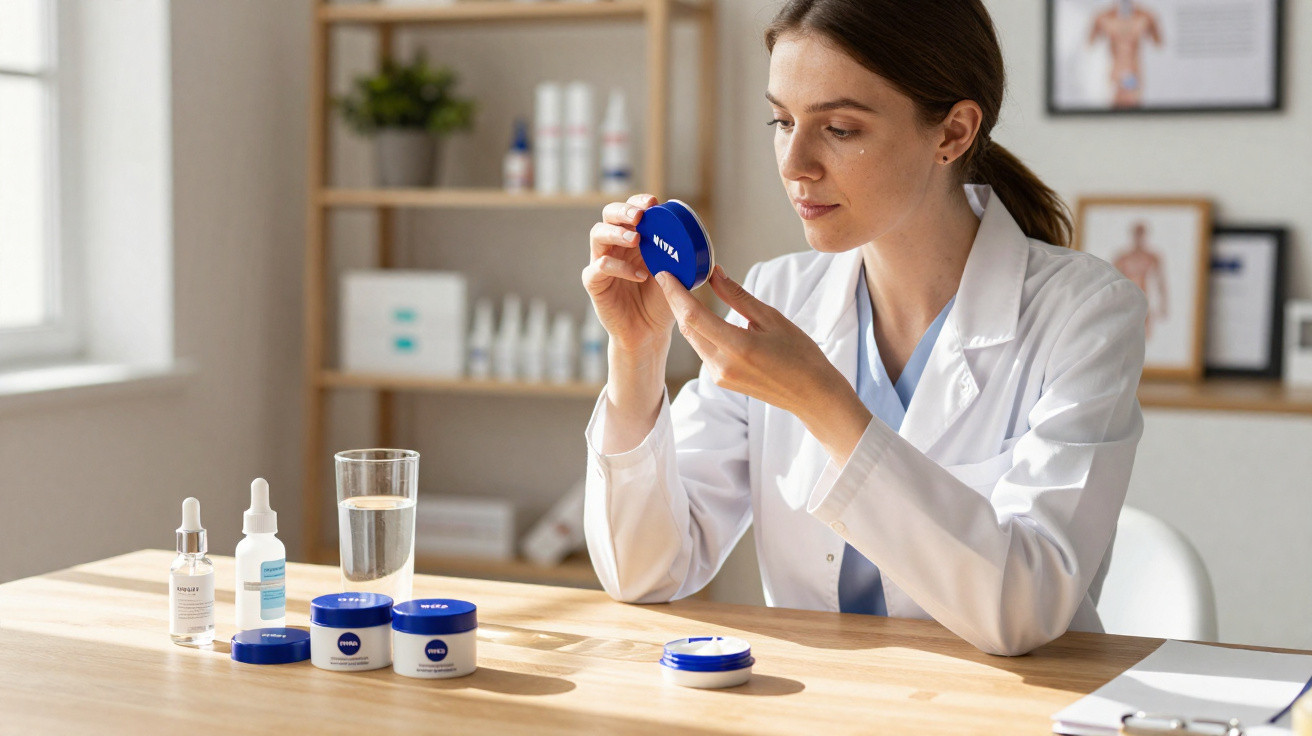 Mulher de jaleco examinando pote de creme Nivea em mesa com produtos dermatológicos.