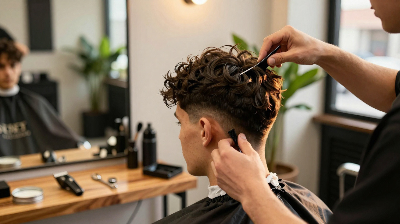 Homem com cabelo cacheado sendo cortado por barbeiro em salão moderno com espelho e plantas.