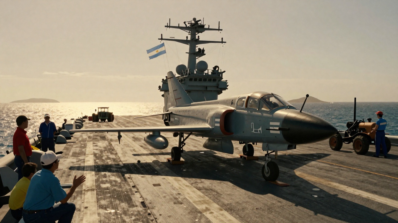 Aeronave militar no convés de um porta-aviões com bandeira da Argentina e pessoas ao redor ao pôr do sol.