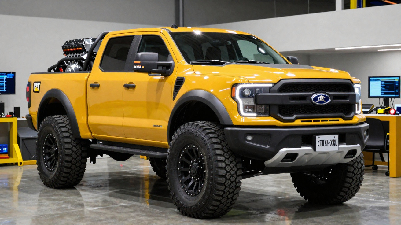 Picape amarela Ford F-150 Raptor com pneus off-road robustos estacionada em ambiente interno.