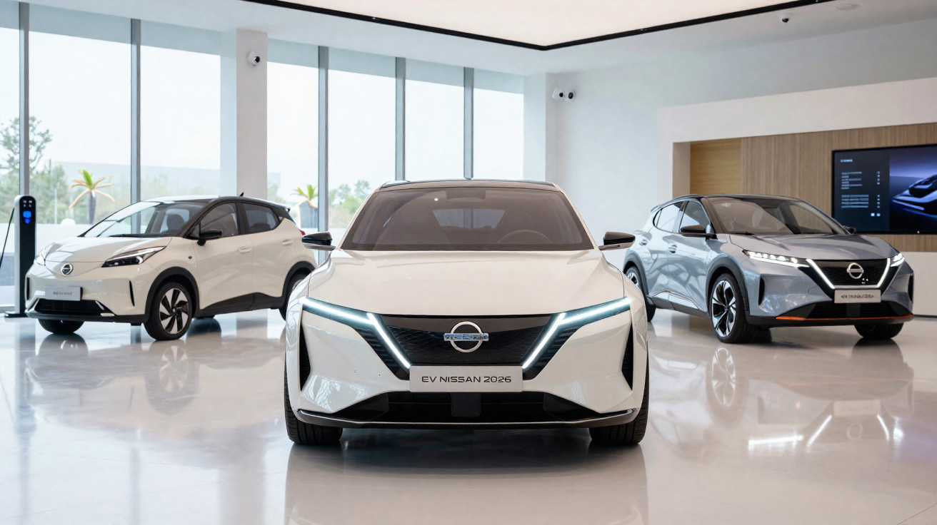 Três carros Nissan elétricos expostos em showroom moderno com piso branco e grandes janelas de vidro.