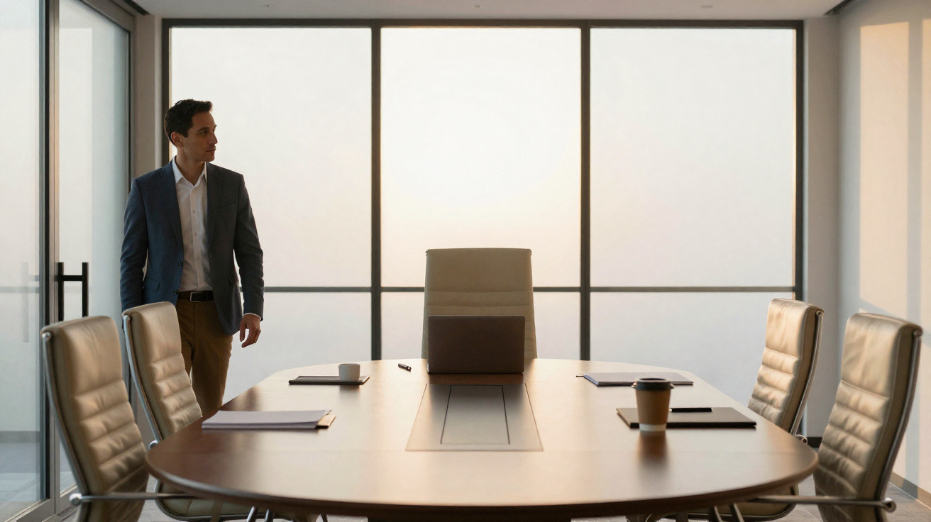 Homem em terno observa sala de reunião com mesa, cadeiras, laptop e copos descartáveis.