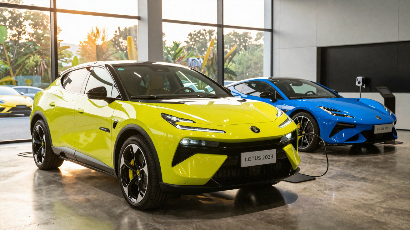 Dois carros esportivos elétricos Lotus 2023, um amarelo e um azul, em showroom moderno com chão de concreto.