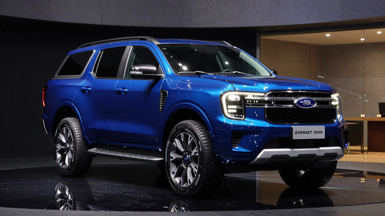 SUV azul Ford Everest 2026 exibida em ambiente interno, com design robusto e moderno.
