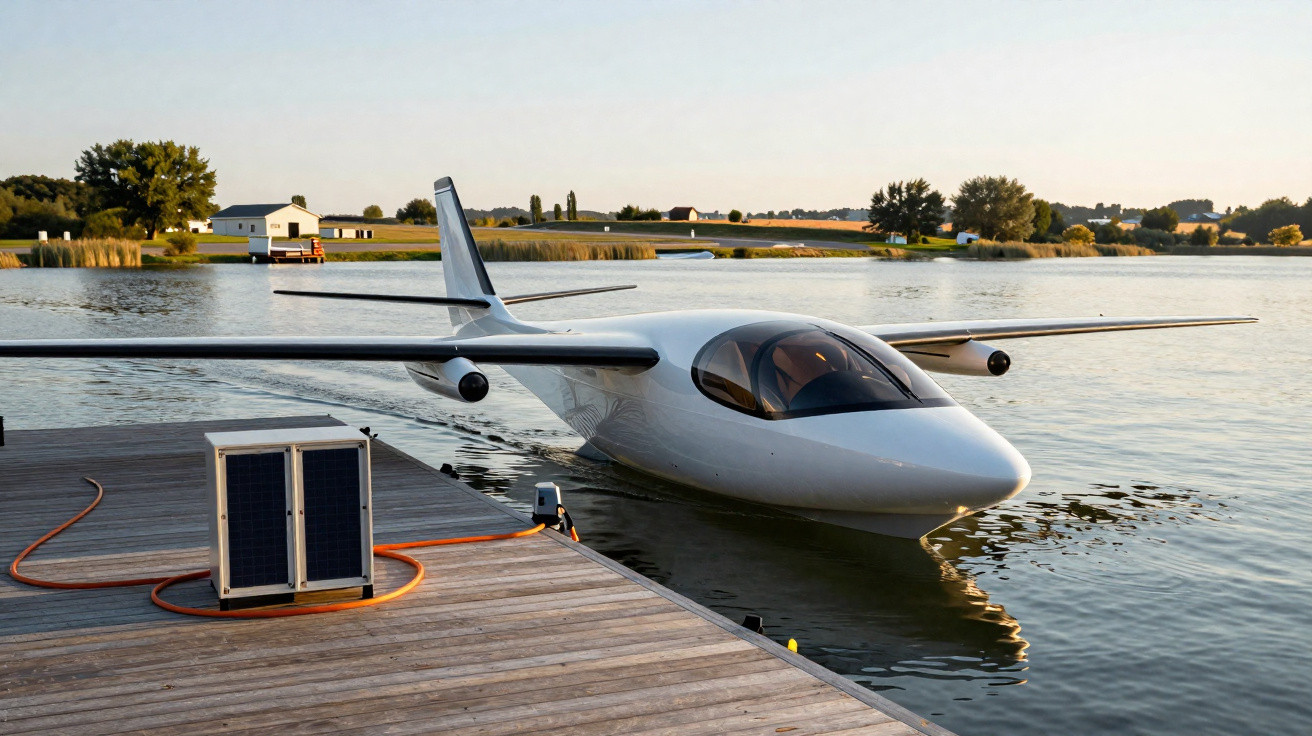 Aeronave futurista branca amarrada em um cais de madeira em um lago ao amanhecer.