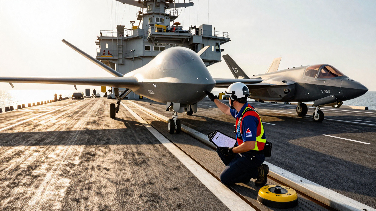 Homem com uniforme inspeciona drone militar em convés de porta-aviões com caça ao fundo.