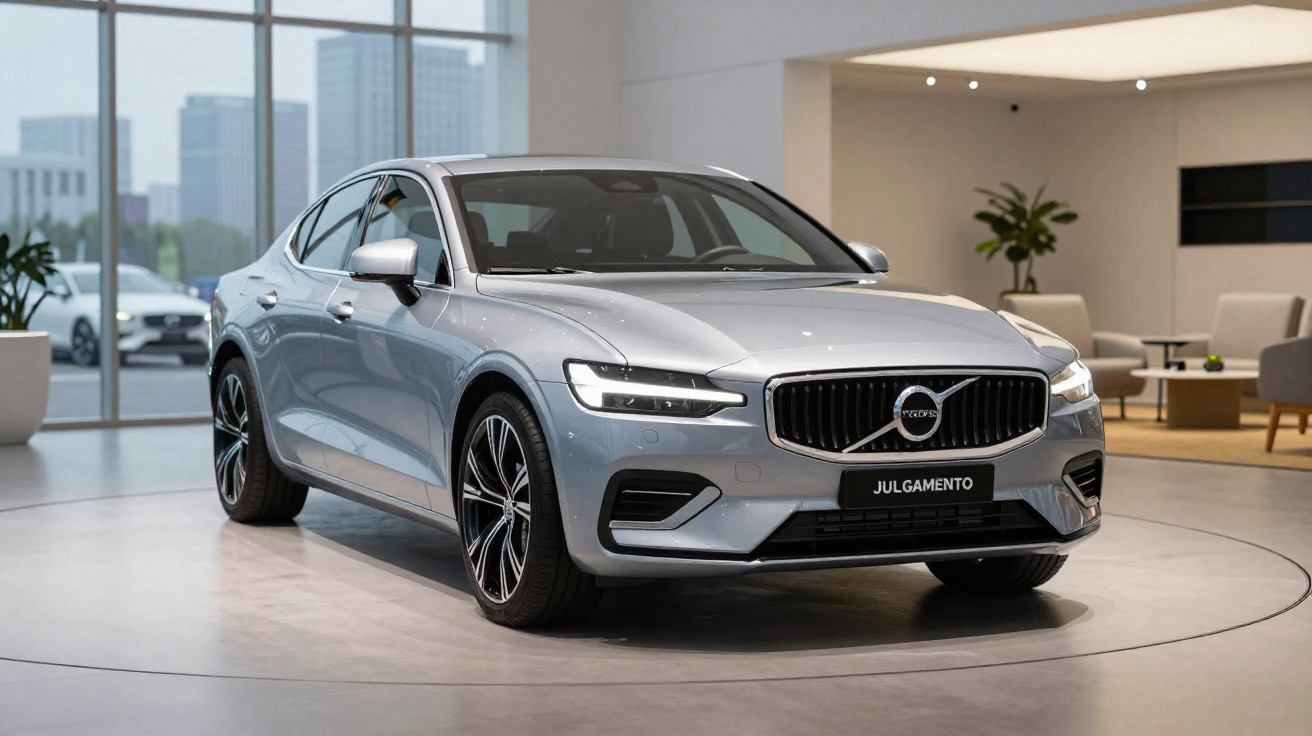 Carro prata Volvo sedan estacionado dentro de showroom moderno com grandes janelas.