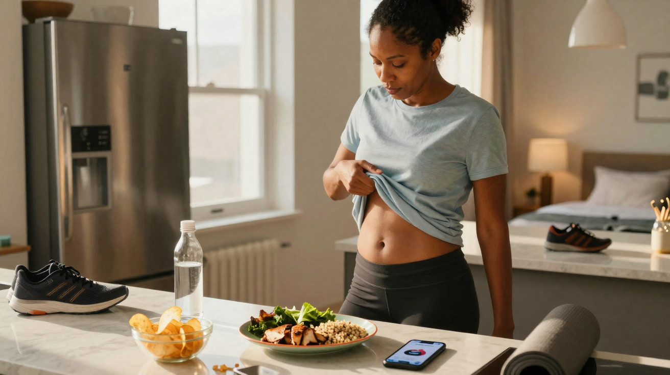 Mulher em roupas esportivas que levanta a camiseta para olhar a barriga em cozinha com comida saudável.