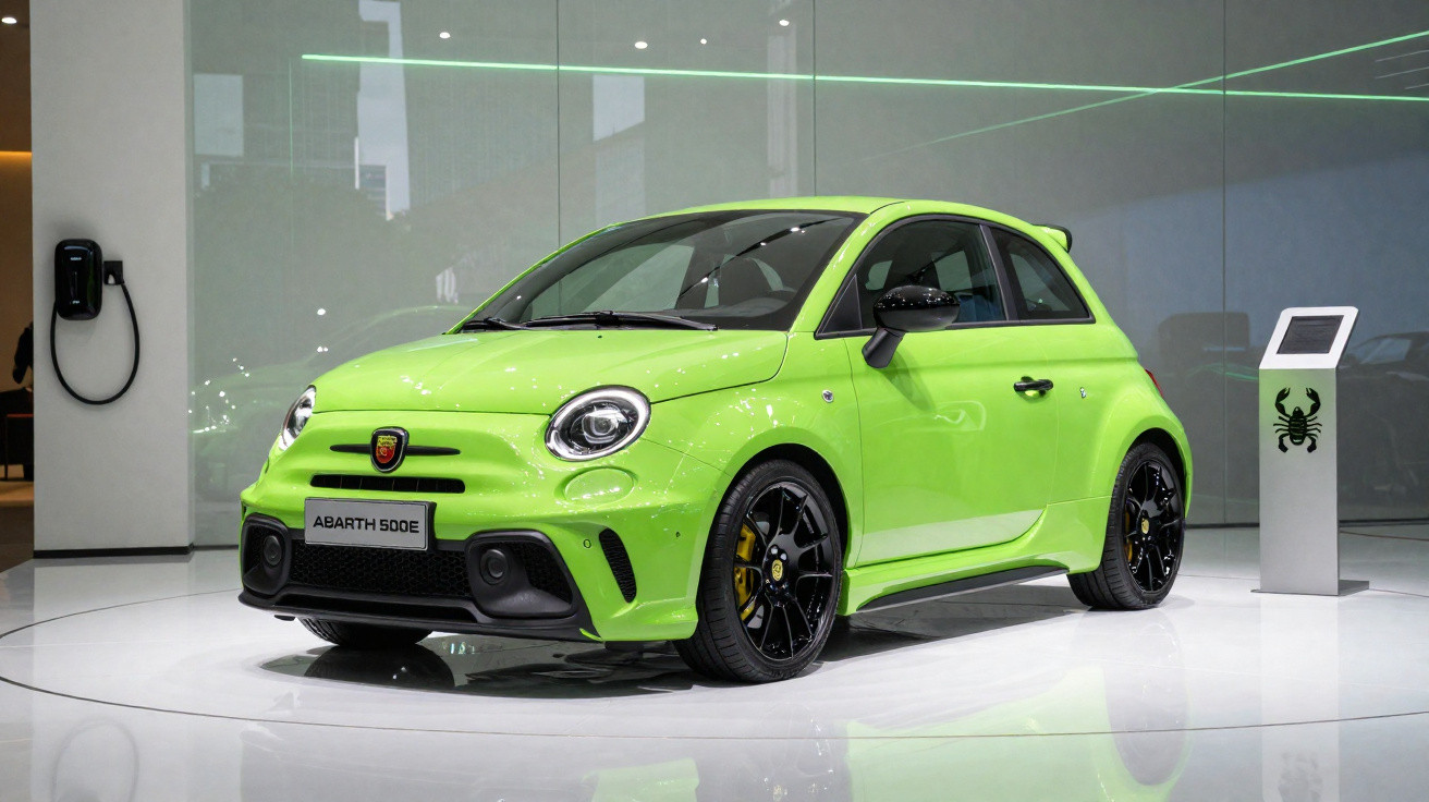 Carro esportivo compacto Abarth 500E verde com rodas pretas exposto em showroom moderno.
