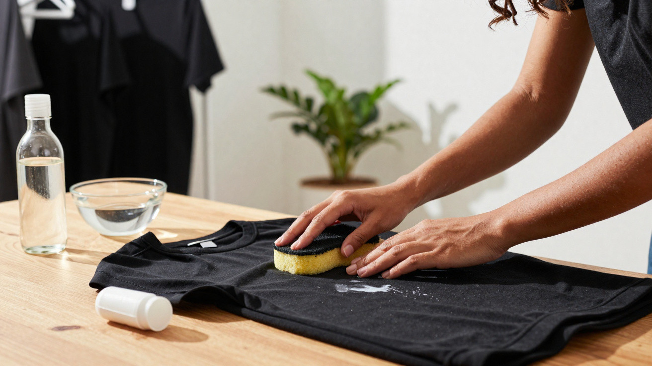 Pessoa limpando mancha branca em camiseta preta com esponja sobre mesa de madeira.