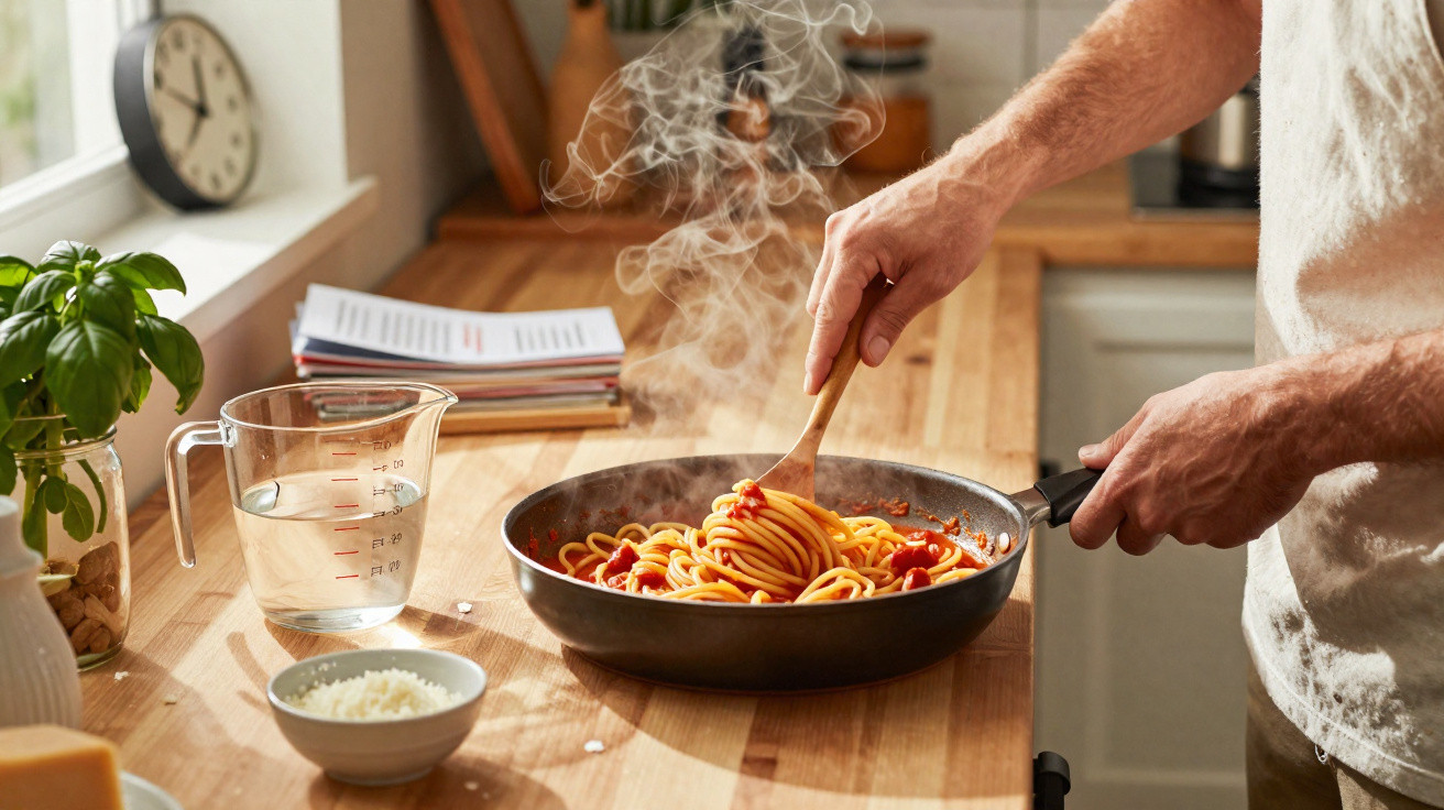 Pessoa mexendo espaguete com molho de tomate em frigideira, em cozinha com luz natural e ingredientes à mesa.