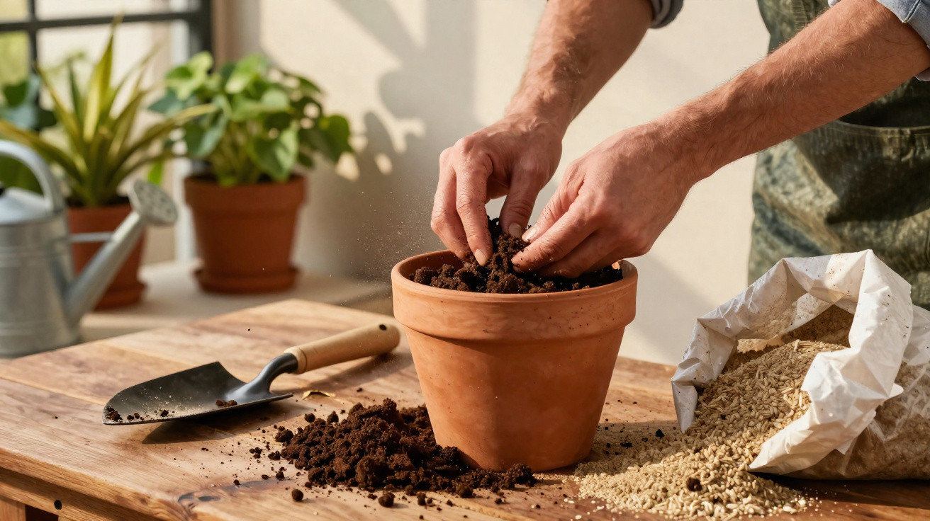 Mãos colocando terra em vaso de barro sobre mesa de madeira, com pá de jardinagem, regador e saco de sementes.