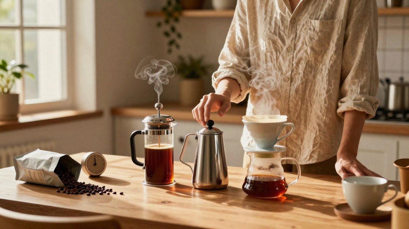 Pessoa preparando café coado na cozinha com prensa francesa, bule e xícara sobre mesa de madeira.